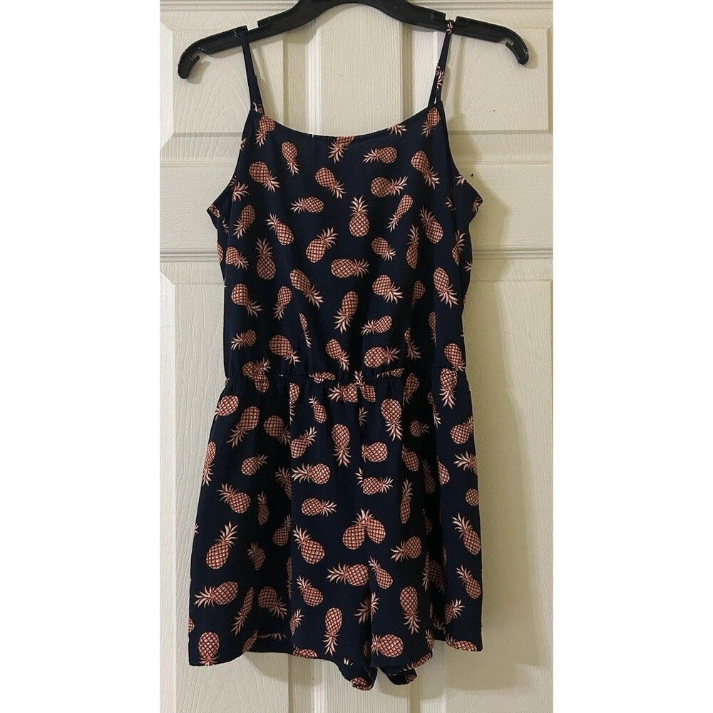 Pineapple Print Tie Back Romper Women’s Sz S Navy Coral Tropical Coastal Sunny